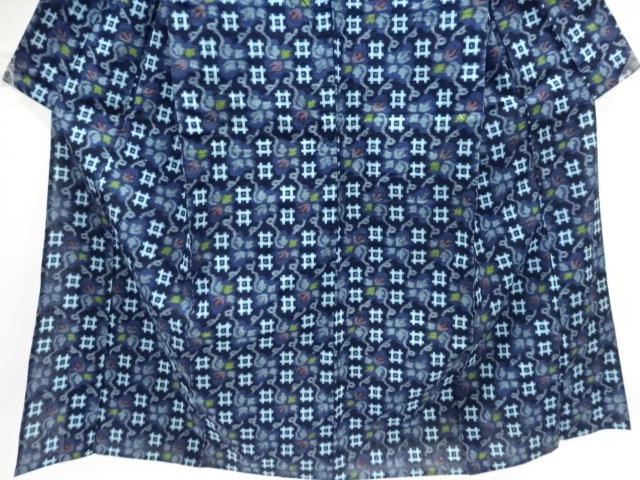  アンティーク　木綿本場久留米絣井桁に草花模様単衣着物